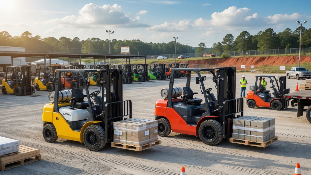Forklift rental service in Bibb, AL showcasing electric and diesel forklifts ready for rental